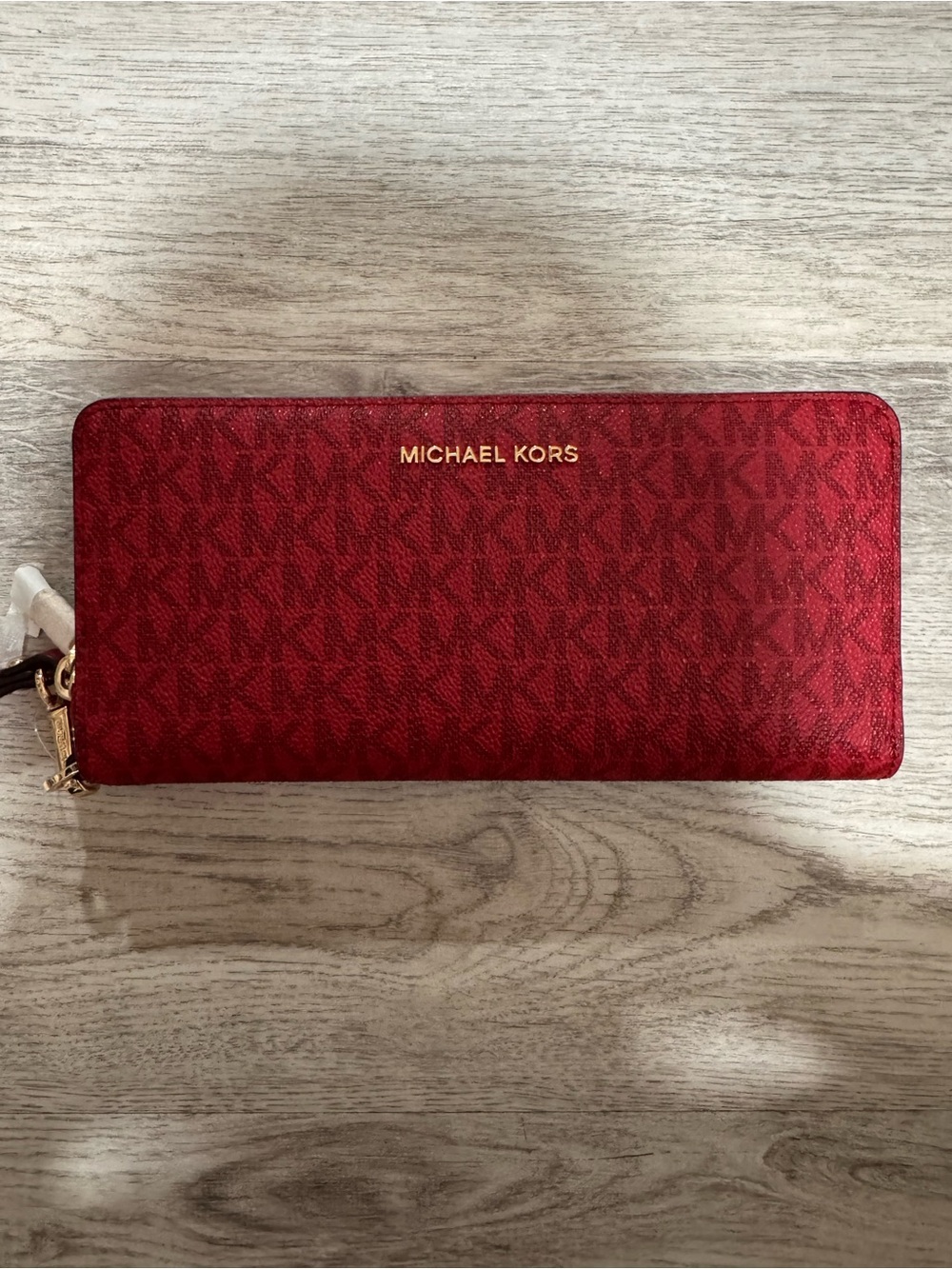 Michael Kors Red Signature MK Zip Wallet with Gold Logo